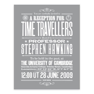 Stephen Hawkings Time Travel Experiment poster, white on Smoke